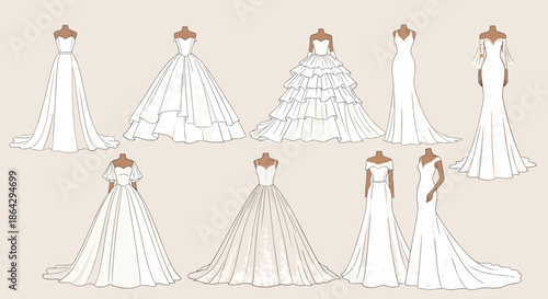 Wide variety of elegant bridal gown illustrations on mannequins showing different cuts and silhouettes for wedding dress retailers.