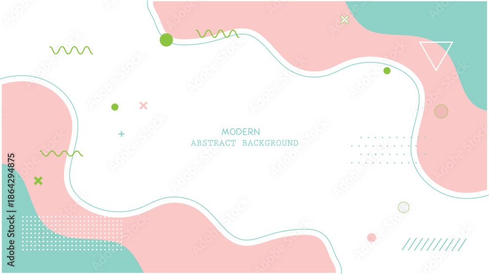 Obraz premium Modern abstract background with pink, green and white shapes, squiggles and dots for creative design projects, presentations and social media posts