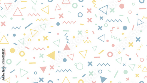 Colorful pastel geometric shapes scattered on white background, memphis style design elements, triangles, circles, lines, abstract pattern with pastel colors