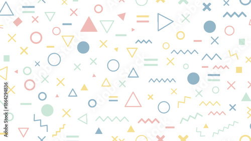 Colorful geometric shapes scattered on white background, pastel colored triangles, circles, and lines, memphis design elements, abstract pattern with various forms