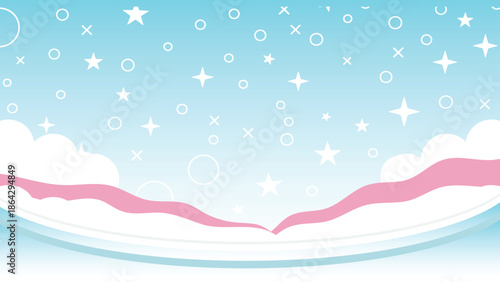 A whimsical night sky with pink clouds and white stars and sparkles on a blue background for a magical dreamy atmosphere in a fantasy world with illustration