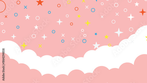 A whimsical pink background with white clouds and colorful stars, circles, and crosses for creative projects, symbolizing magic and wonder in a dreamy atmosphere