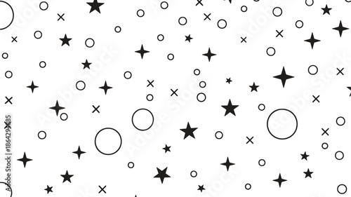Black star and circle pattern on white background, abstract design with various shapes and symbols for creative projects and decorative use with graphic