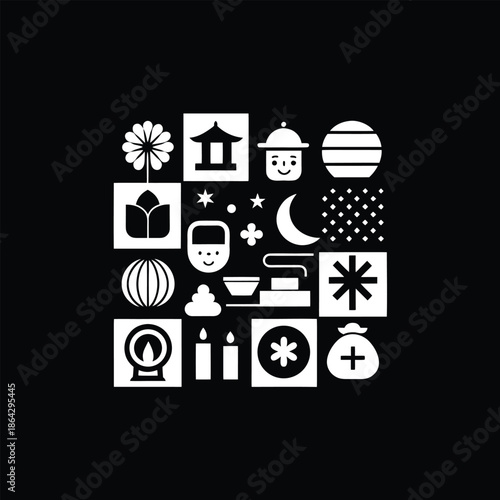A collection of japanese cultural symbols and icons presented in a minimalist black and white design