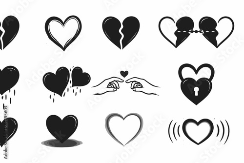 Minimal Black and White Heart Icon Set Showing Love, Breakup and Connection