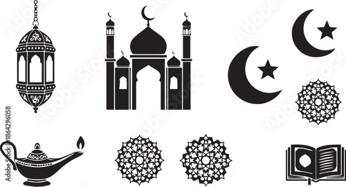 Islamic Religious Elements Silhouette Bundle Ramadan Kareem Lantern Mosque Crescent Moon and Holy Quran