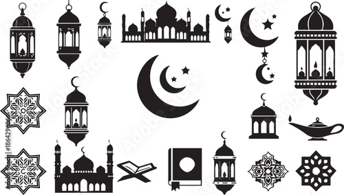 Islamic Ramadan Kareem Decorative Elements Silhouette Set with Lanterns Mosque and Crescent Moon