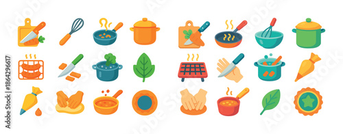 Colorful cooking icon set with various kitchen utensils and food preparation illustrations