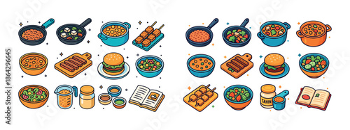 Illustrations of various cooking pots, pans, and food dishes in vibrant colors