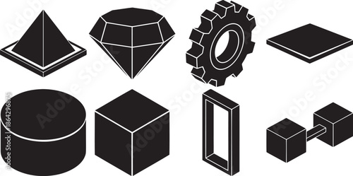 Isometric black 3d geometric shapes collection including pyramid diamond gear cylinder and cube set