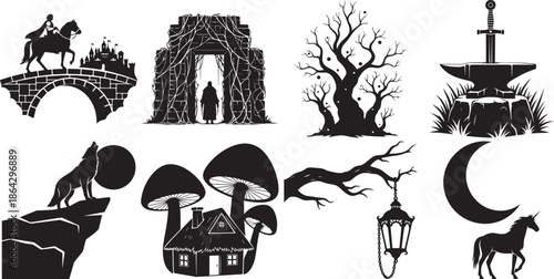 Fantasy fairy tale silhouettes with knight castle dragon tree mushrooms wolf and unicorn elements