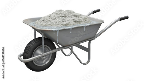 Wheelbarrow filled with light gray construction material, isolated on transparent background