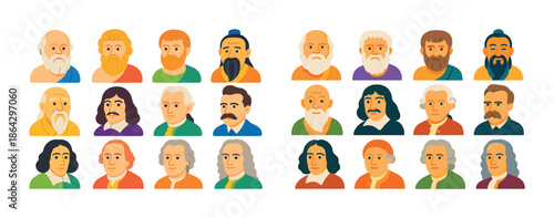 Cartoon portraits of historical philosophers and scientists