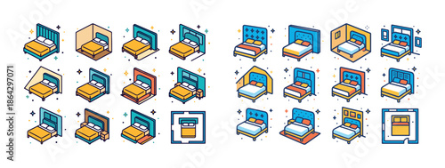 Colorful bed icon set with various room layouts and styles