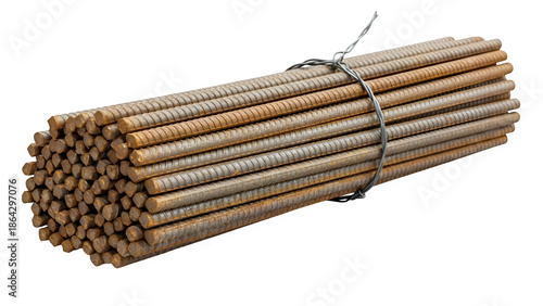 Bundle of rusty steel reinforcement bars rebar tied together, isolated on transparent background