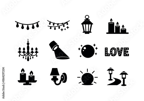 Wedding Lighting Icons. Wedding lighting ideas. Solid icon set of wedding lighting ideas: string lights, fairy lights, lantern icon, candle cluster, chandelier