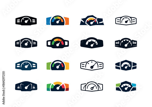 Diverse Logo Grid. board. Icon set. Set Logo of board: dashboard panel. harmonious logo variations of the same emblematic concept, each with different artistic