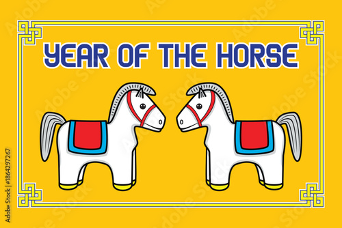 Chinese celebrate Chinese zodiac Year of the horse with cute twin white horse background with Chinese knot drawing in colorful cartoon vector