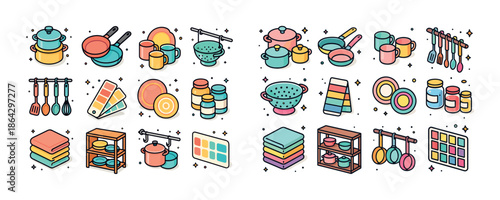Colorful kitchenware collection with pots, pans, utensils, plates, and spices organized neatly