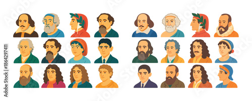 Portrait collection of historical figures in colorful attire