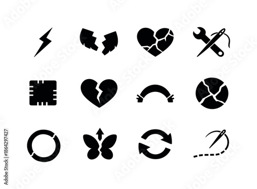 Broken Symbols Icons. Broken object symbolism. Solid icon set of broken object symbolism: crack line, fracture icon, imperfect beauty symbol, repair symbol,