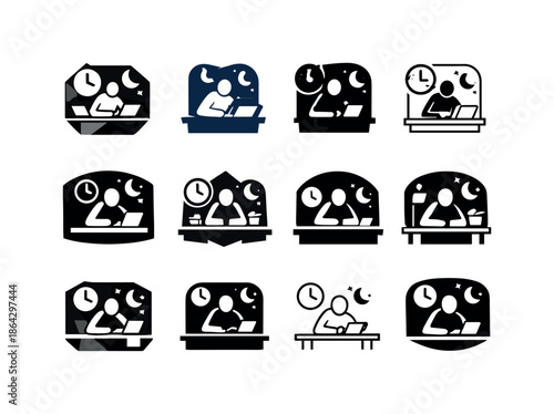 Late Night Work Icons. someone continuing to work late into the night, focused. Icon set. Set Logo of someone continuing to work late into the night, focused:
