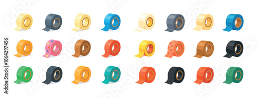 Diverse assorted colored rolls of adhesive tape on white background