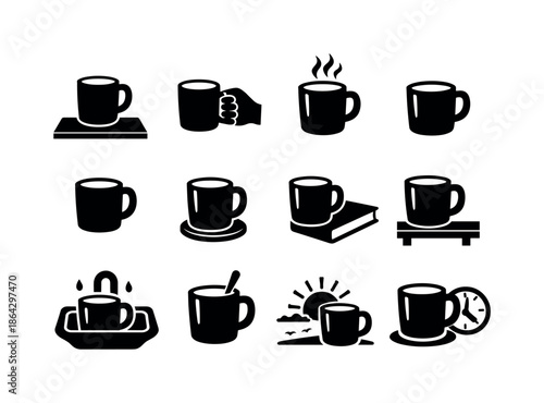 Coffee Mug Icons. Coffee mug usage scenes. Solid icon set of coffee mug usage scenes: mug on table, mug in hand, steaming mug, filled mug, empty mug, mug on