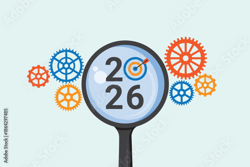 Vector illustration of gear elements arranged with a magnifying glass in the center displaying year 2026, where the zero is replaced with target icon. Focus, strategy, planning and goals 