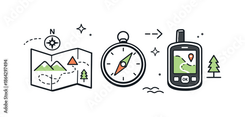 Outdoor Navigation Essentials. Trail Navigation Tools. A scene of a compass, map, and GPS device laid out with gentle directional icons, suggesting thoughtful