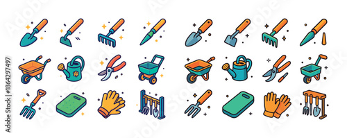 Colorful gardening tools illustration with trowels, rakes, watering cans, and gloves