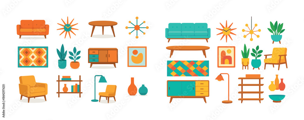 Fototapeta premium Mid-century modern furniture collection with geometric decor and vibrant colors