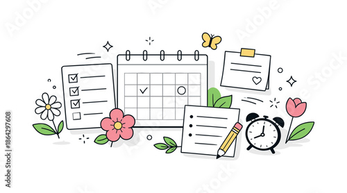 Spring Planning Design. Spring planning illustration. Abstract planning elements like checklists, calendars, and notes arranged with flowers and leaves. The