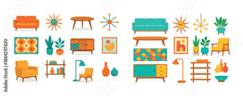 Mid-century modern furniture collection with geometric decor and vibrant colors