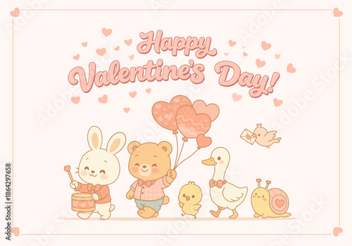 Cute Kawaii Valentine Animal Parade with Heart Balloons, Pastel Kids Illustration with Bunny Bear Duck and Chick