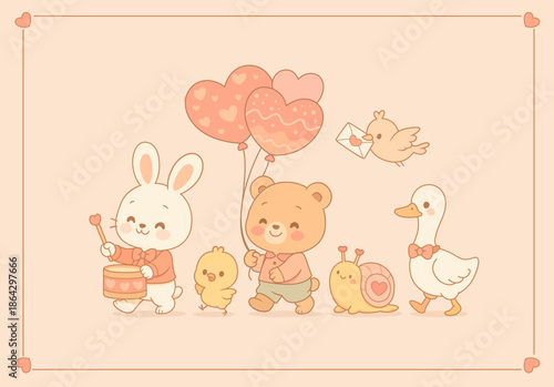 Kawaii Valentine Animal Parade, Cute Bunny Bear Duck and Chick with Heart Balloons, Pastel Kids Illustration