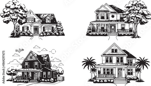 Four Detailed Black and White of Classic Residential House Styles with Landscaping houses architecture