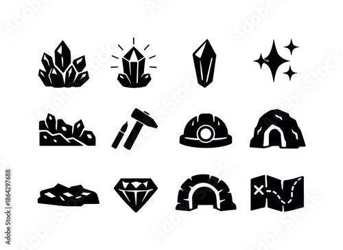 Crystal Cavern Icons. Crystal caverns. Solid icon set of Crystal caverns: crystal cluster, glowing crystal, shard, sparkle icon, mineral vein, chisel tool,