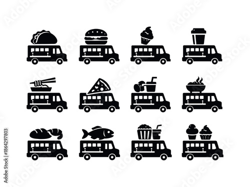 Iconic Food Trucks. Food trucks. Solid icon set of food trucks: taco truck, burger truck, ice cream truck, coffee truck, noodle truck, pizza truck, juice van,