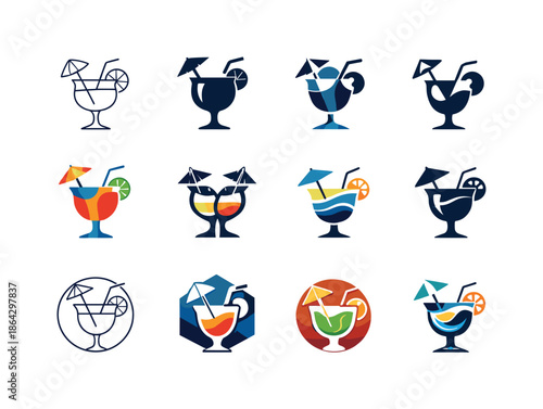 Tropical Cocktail Icons. Cocktail specials. Icon set. Set Logo of cocktail specials: tropical cocktail glass. harmonious logo variations of the same emblematic