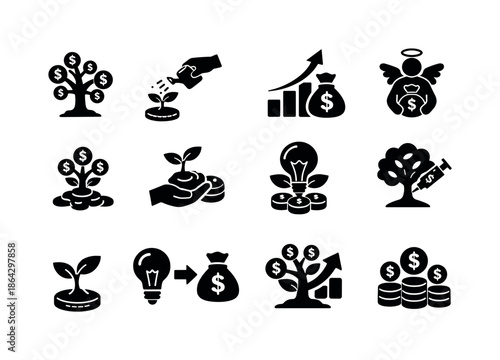 Startup Funding Icons. Startup funding. Solid icon set of Startup funding: funding tree, seed investment plant, venture capital growth, angel investment icon,