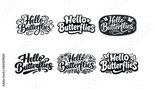 Butterfly Lettering Variations. Hello Butterflies. Set lettering. harmonious lettering variations of the same emblematic concept, each with different artistic