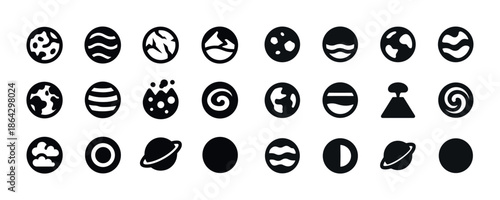 Collection of 24 minimalist black and white planet icons