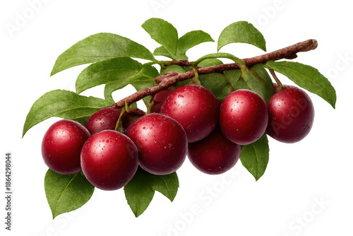Wallpaper Mural Fresh red plums on branch with green leaves and water droplets for healthy eating concept on transparent background Torontodigital.ca