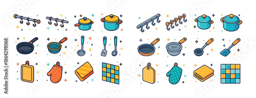 Colorful kitchen utensils collection with pots, pans, and accessories