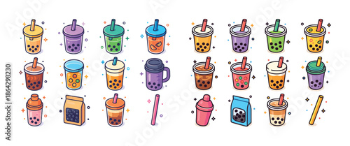 Colorful assortment of bubble tea cups with tapioca pearls and straws
