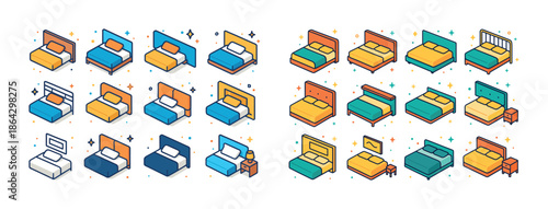 Isometric bed icon set featuring various designs and styles in vibrant colors