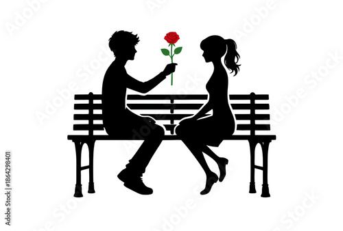 Couple sharing a rose on a park bench isolated on white background, Vector, illustration