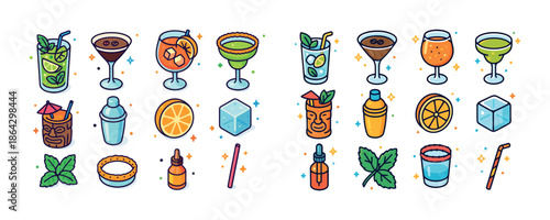 Colorful cocktail icons collection: glasses, ingredients, and garnishes