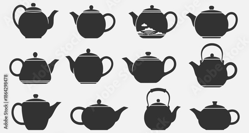 Collection of various teapot silhouettes arranged in a grid pattern on a plain background